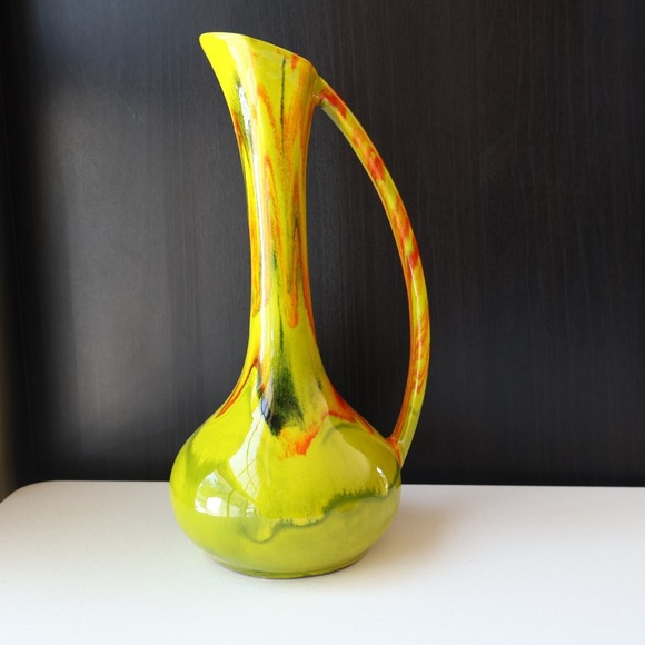 Other - Vintage Mid Century Yellow Orange Drip Glaze Ceramic Ewer Pitcher Vase 9"